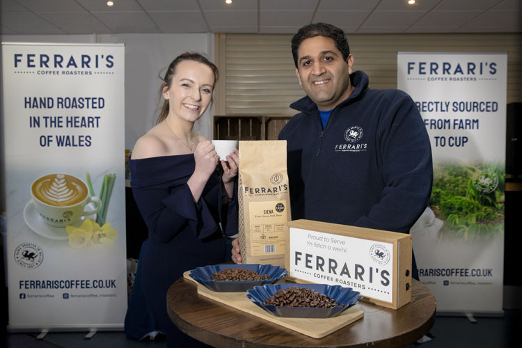 Ferrari’s Coffee Managing Director Yash Dhutia with Harlech Head of Purchasing Josie Swift at the Harlech Foodservice Expo in Llandudno.